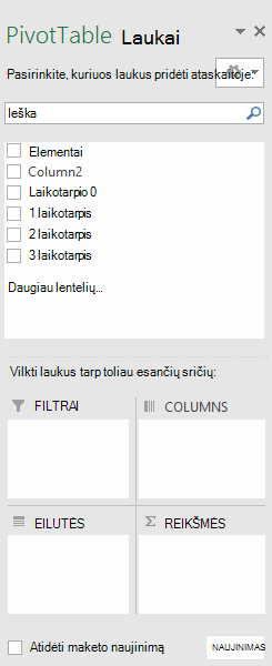 "PivotTable" laukų sritis