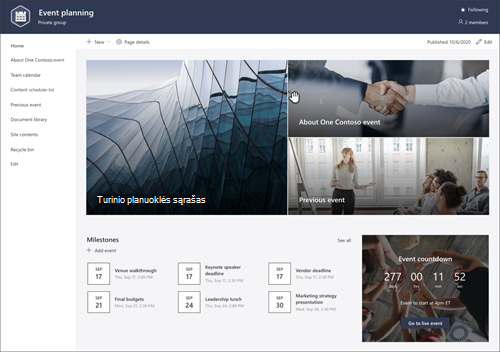 "SharePoint" svetainės šablono įvykio planavimo puslapio peržiūros ekrano nuotrauka