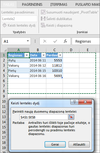 Keisti lentelės dydį