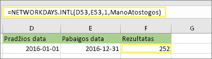 =NETWORKDAYS.INTL(D53,E53,1,MyHolidays) ir rezultatas: 252