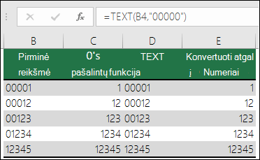 Pavyzdžiai, kaip naudojant TEXT formatuoti priekyje esančius nulius.  =TEXT(A2,"00000")