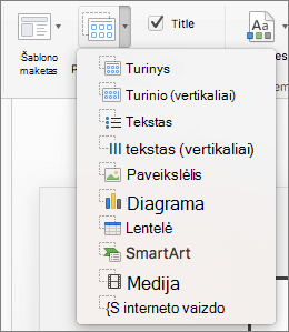 Ekrano kopijoje pavaizduotos parinktys iš išplečiamojo sąrašo Įterpti vietos rezervavimo ženklą, kuriame yra turinys, turinys (vertikaliai), tekstas, tekstas (vertikaliai), paveikslėlis, diagrama, lentelė, "SmartArt", medija ir internetinis vaizdas.