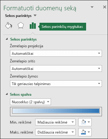 „Excel“ žemėlapio diagramos objekto formatavimo užduočių srities sekos parinktys