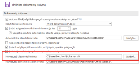 Programos „Word“ įrašymo parinktys; rodomas numatytasis darbinio aplanko parametras