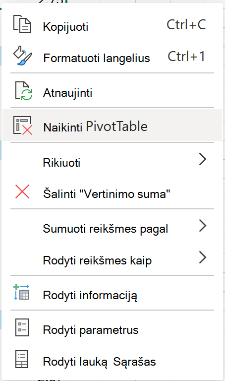 Panaikinkite "PivotTable" iš žiniatinklio kontekstinio meniu.