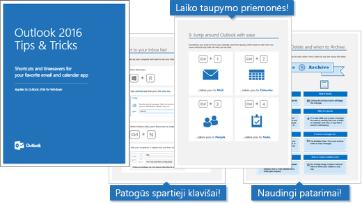 "Outlook" 2016 patarimai ir gudrybės eBook apima, rodoma keletas patarimų puslapius