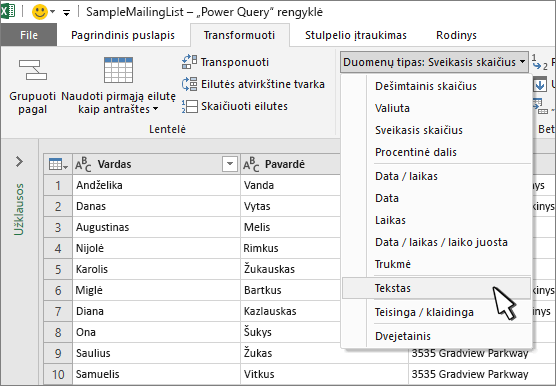 "Power Query" langas su pasirinktu tekstu