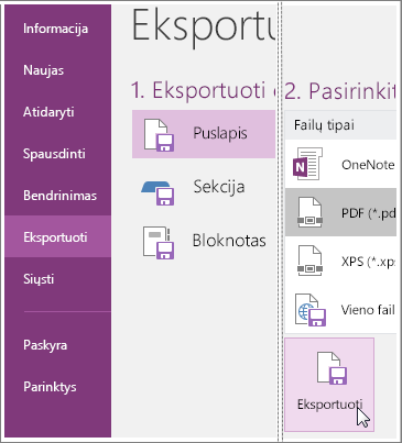 Ekrano nuotrauka, kaip eksportuoti pastabų puslapį į programą „OneNote 2016“.