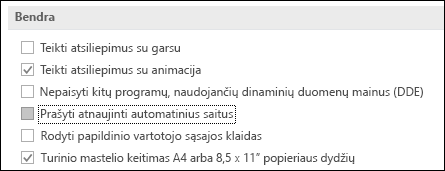 Automatinio saito naujinimo raginimo parinkties vaizdas