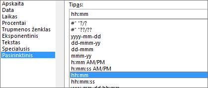 Dialogo langas Langelių formatavimas, pasirinktinė komanda, h:mm tipas