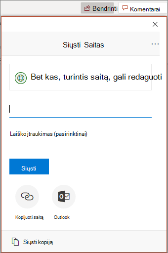 Bendrinimo piktograma ir dialogo langas programoje „PowerPoint“