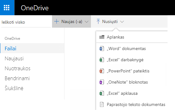 Dokumento kūrimo OneDrive.com ekrano kopija