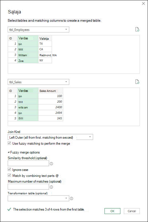 "Power Query" apytikslio suliejimo parinktys