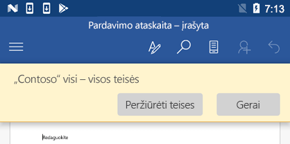 Atidarius IRM apsaugotą failą „Office“, skirtoje „Android“, galite peržiūrėti jums priskirtas teises.