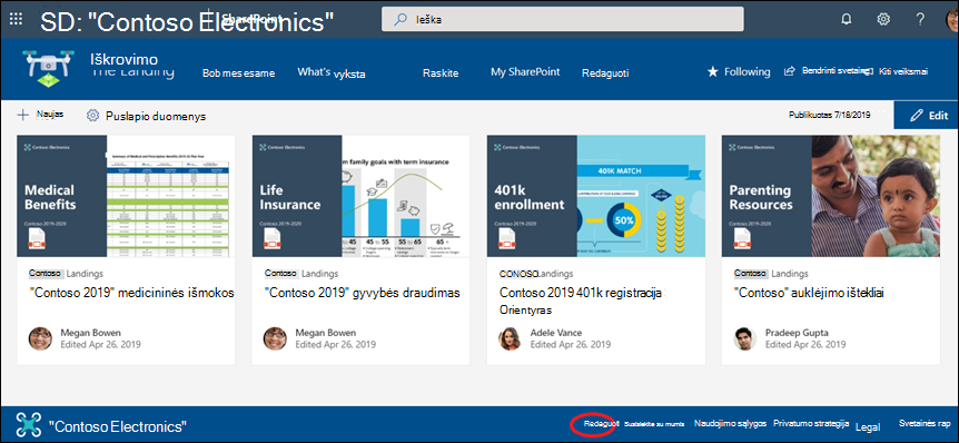 Įtraukite arba redaguokite saitus ir žymas "SharePoint" ryšių svetainės poraštėje.