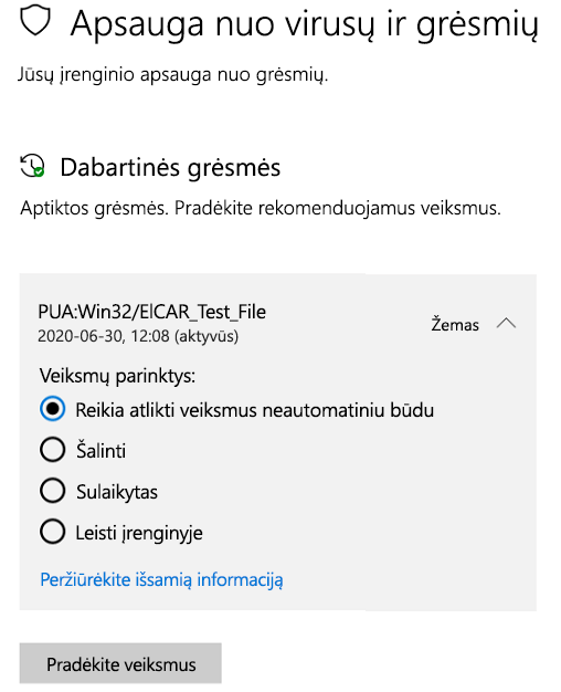 Veiksmai, kurių galite imtis, kai „Windows“ sauga aptiko galimai nepageidaujamą programą