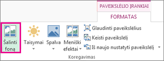 Mygtukas Šalinti foną, rastas dalies Paveikslėlio įrankiai skirtuko Formatuoti grupėje Koreguoti