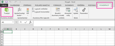 Skirtukas „PowerPivot“ ir mygtukas Valdyti