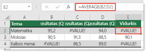 #VALUE! klaida naudojant AVERAGE