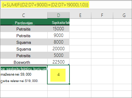 2 pavyzdys: SUM ir IF įdėtos į formulę