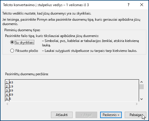 Duomenų vaizdas > Dialogo langas Tekstas į stulpelius