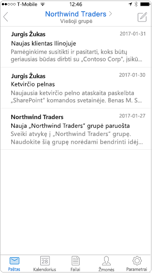 Pokalbių rodinys "Outlook" mobiliųjų įrenginių programėlėje