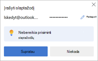 Raginimas naršyklėje "Microsoft Edge" įrašyti žiniatinklio svetainės slaptažodį, kad galėtumėte jį naudoti vėliau.