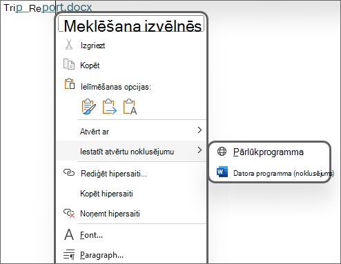 Attēls ar opcijām Iestatīt atvērtu noklusējumu kā Pārlūkprogramma vai Datora lietojumprogramma (noklusējums).