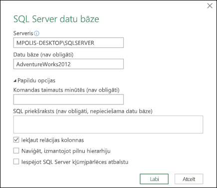 Power Query SQL Server datu bāzes savienojuma dialogs