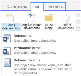 Poga Jauns dokuments ar nolaižamo izvēlni lentē