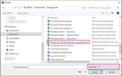 Lai atrastu .csv failu, noteikti meklējiet visus failus.