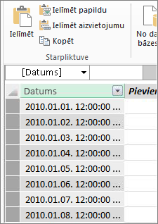 Datumu tabula pievienojumprogrammā Power Pivot