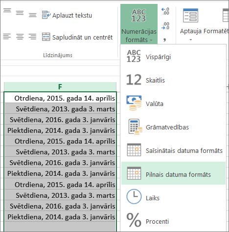 poga lentē, lai veiktu maiņu uz garā datuma formātu