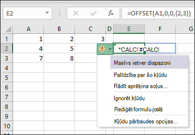 #CALC! kļūda — masīvā ietilpst diapazoni