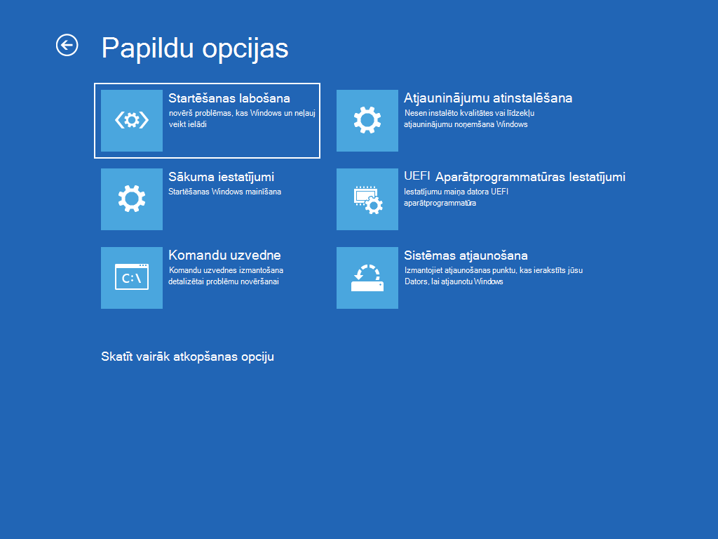 Tiek parādīts ekrāns "Papildu opcijas", kurā atlasīts "Startēšanas labošana".