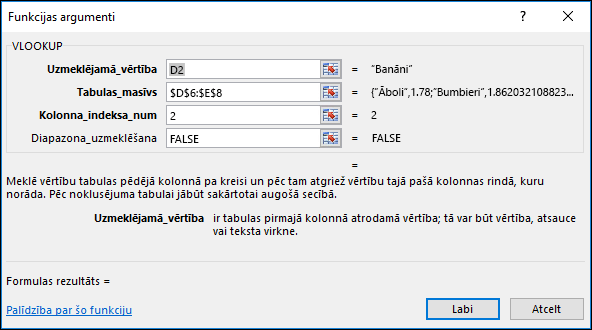 Formulas vedņa dialoglodziņa piemērs.