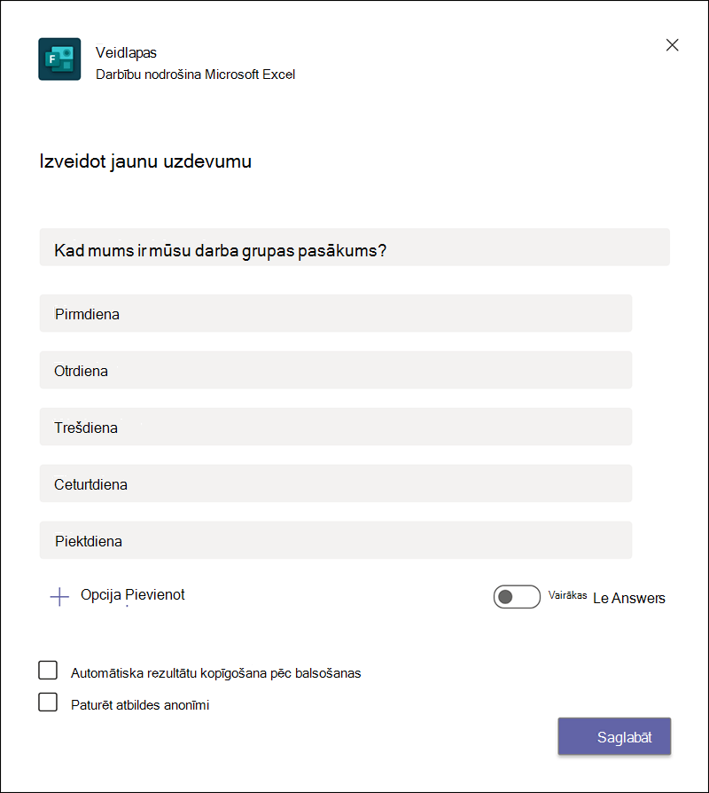 Izveidojiet jaunu aptauju lietojumprogrammā Microsoft Teams.