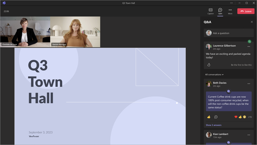 Screenshot showing attendee view of q and a during town hall event