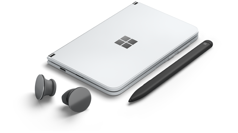 Surface Duo ar virszemes earbuds un Surface slim pildspalvu