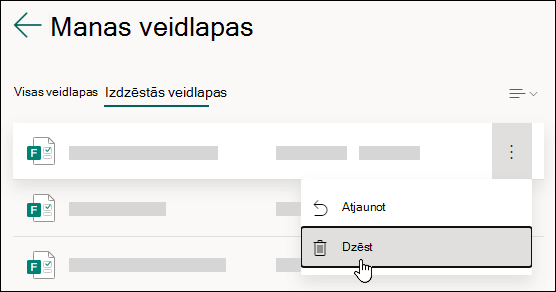 Veidlapas dzēšana cilnes Izdzēstās veidlapas cilnē Microsoft Forms.