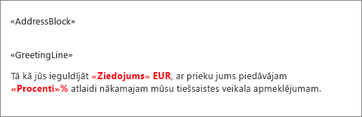 Pasta sapludināšanas dokumenta paraugs, kur laukā ar nosaukumu Ziedojums pirms vērtības ir dolāra zīme un laukā ar nosaukumu Procenti pirms vērtības ir procentu zīme.