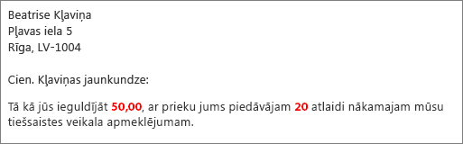 Pasta sapludināšanas rezultātu dokuments, kurā rakstīts “jūsu ieguldījums $50,00 apmērā” un “piedāvā jums 20% atlaidi”.