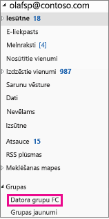 Outlook 2016 rūts ar iezīmētām grupām