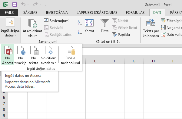 Datu importēšana no Access, izmantojot mazu lenti