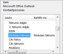 Mob. t. ir kartēts uz Outlook lauku Mobilais tālrunis