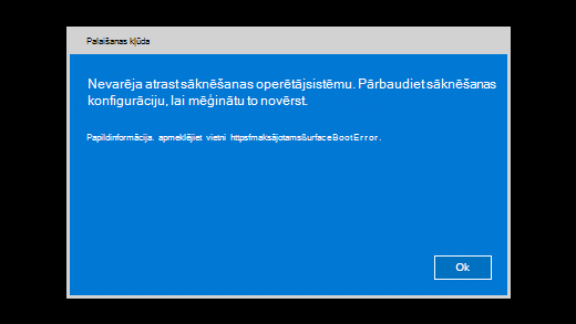 Kļūdas ziņojums, kas tiek rādīts, ja Surface nevar atrast sāknēšanas operētājsistēmu.