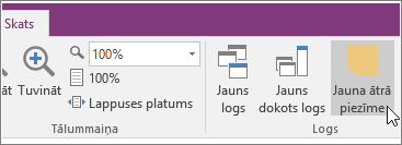 Ekrānuzņēmums, kurā parādīta poga Jauna ātrā piezīme programmā OneNote 2016.