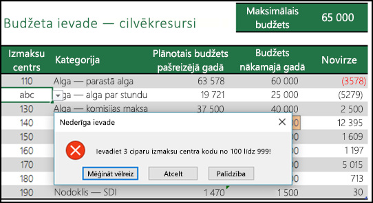 Nederīgas ievades ziņojuma piemērs