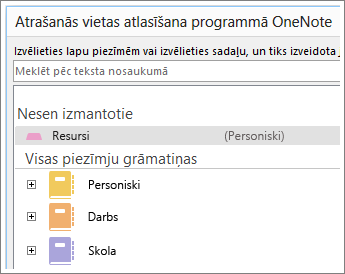 OneNote loga ekrānuzņēmums, kur varat izvēlēties, kurā lapā veikt Skype piezīmes.