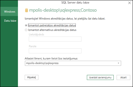 Power Query SQL Server savienojuma pieteikšanās akreditācijas dati